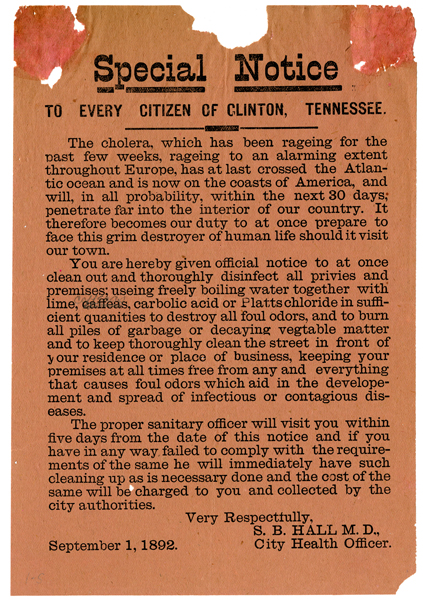 Clinton, TN Disinfection Notice, 1892
