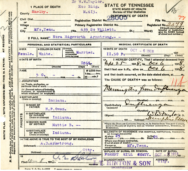 Nora Armstrong death record