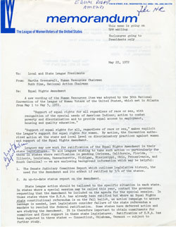 Memorandum from the League of Women Voters of the United States urging local League chapters to work for ratification of the Equal Rights Amendment in their respective state legislatures, May 22, 1972, League of Women Voters of Tennessee Papers