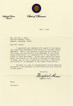 Letter from Governor Winfield Dunn to Fran Byrne on the adoption of SJR 29, May 7, 1974, League of Women Voters of Tennessee Papers