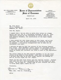 Letter from Representative Fleming to Fran Byrne on the adoption of SJR 29, April 24, 1974, League of Women Voters of Tennessee Papers
